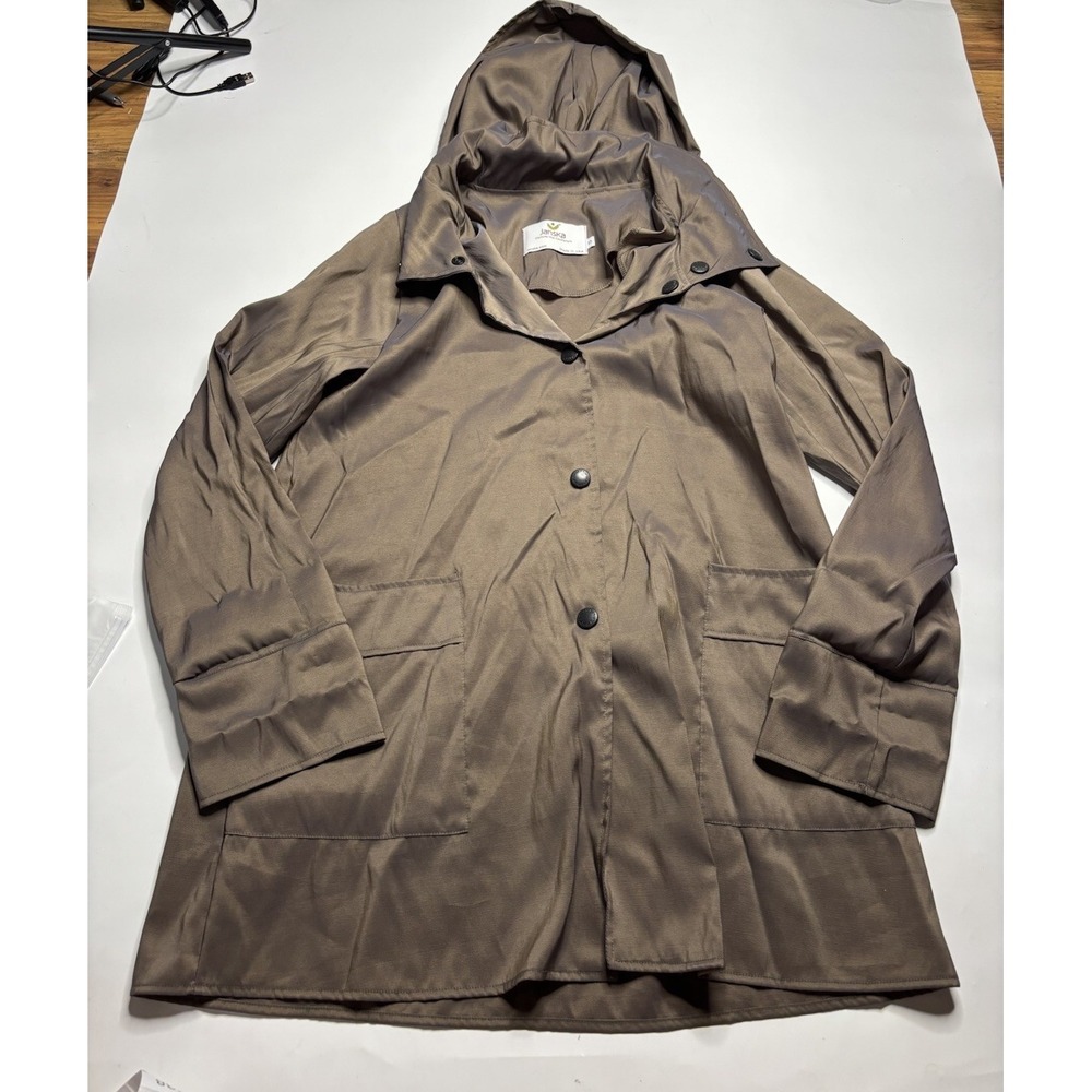 JANSKA Sz S Brown Flared Button Front Hooded Rain Jacket Coat Iridescent Lining‎